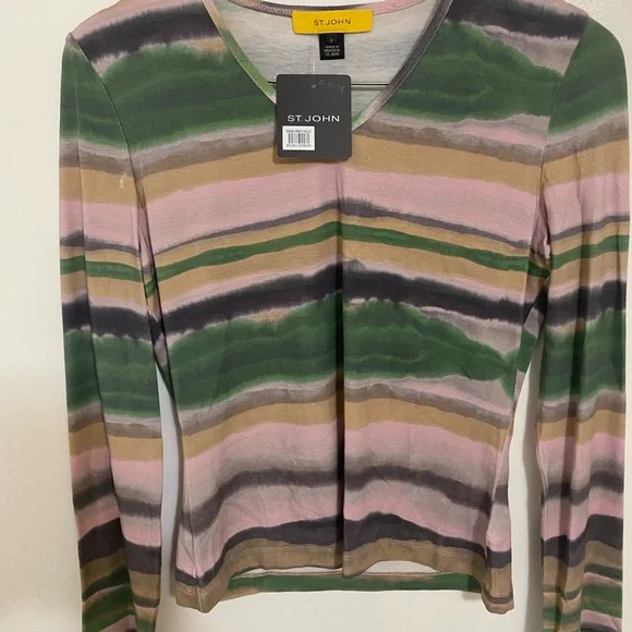St. John Green and Pink Striped Long Sleeve Top - Picture 5 of 6